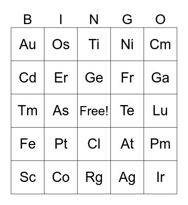 Periodic Table Bingo Card