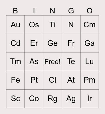 Periodic Table Bingo Card