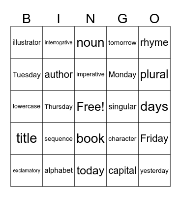 English Class Vocabulary Bingo Card