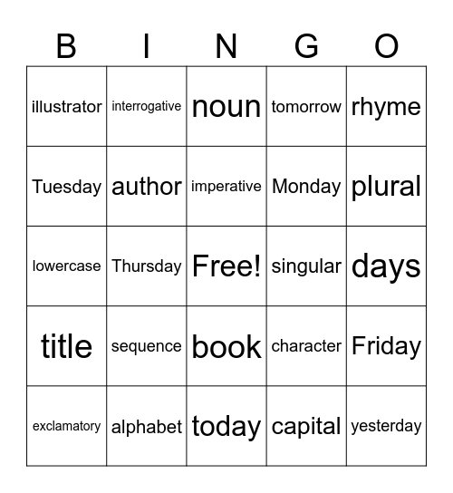 English Class Vocabulary Bingo Card