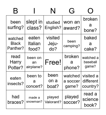 Have you ever? Bingo Card