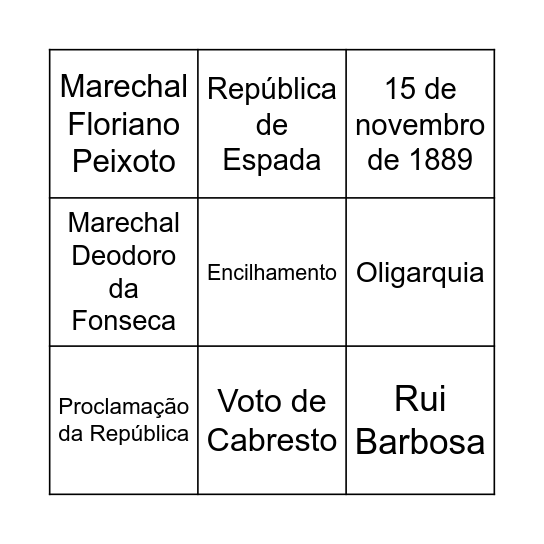 Primeira República Bingo Card