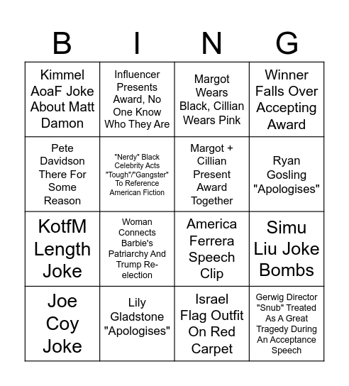 Oscars Bingo Card