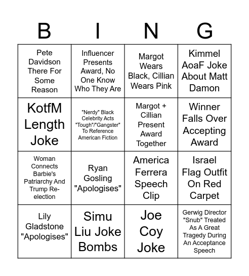 Oscars Bingo Card