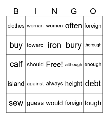 Red Words LL Bingo Card
