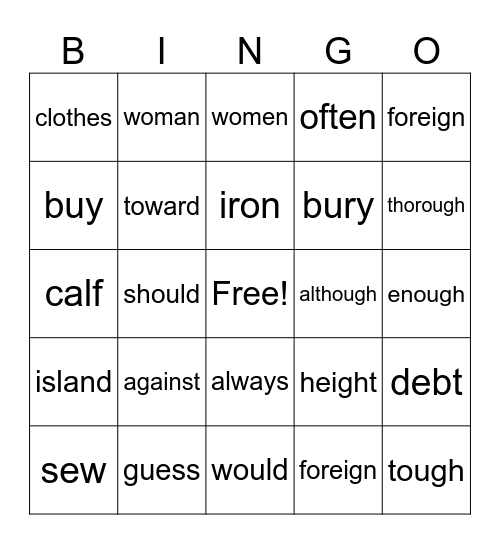 Red Words LL Bingo Card