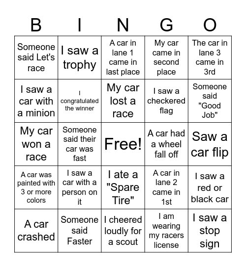 Pinewood Derby BINGO Card