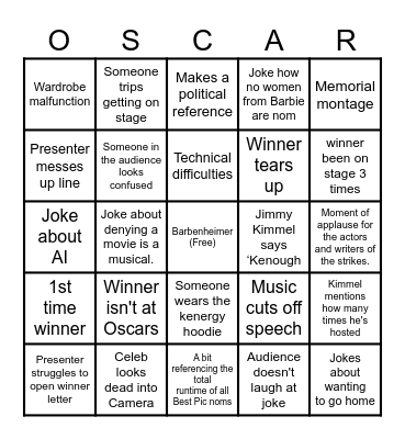 Oscars 2024 Bingo Card