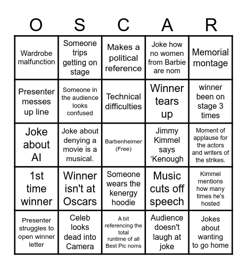 Oscars 2024 Bingo Card