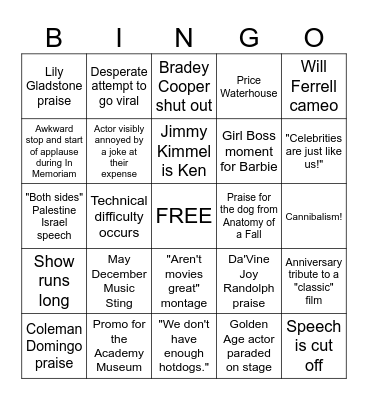 Oscars 2024 Bingo Card