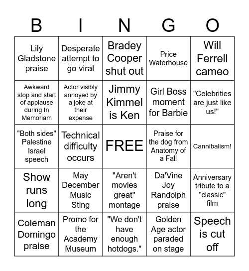 Oscars 2024 Bingo Card