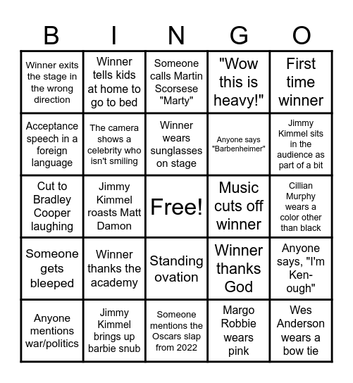 OSCARS 2024 BINGO Card