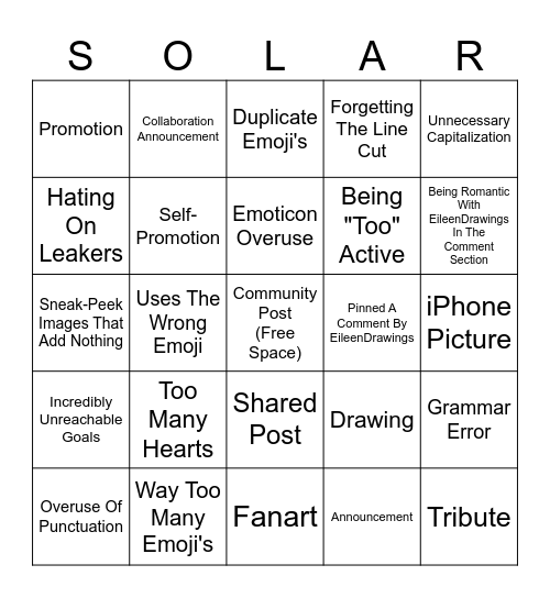 The Unlucky Planet's Community Tab Bingo Card