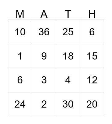 Multiplication Bingo Card