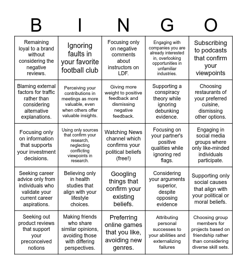 Confirmation Bias Bingo Card