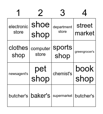 Shops Bingo Card