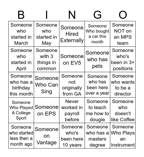 New Hire Bingo Card