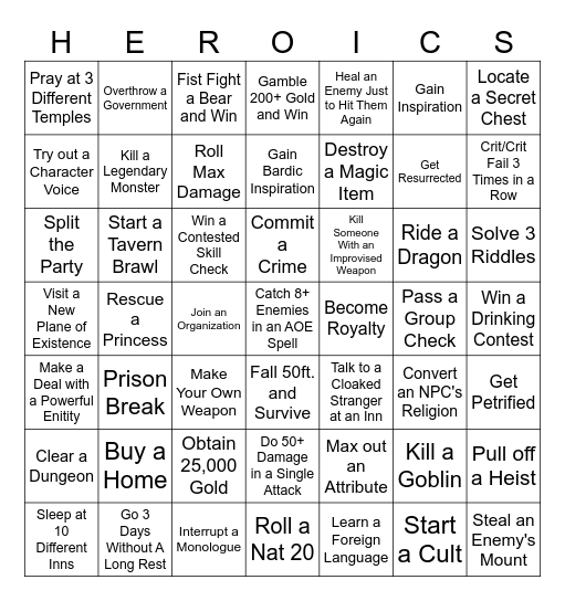 Adventure Bingo! Bingo Card