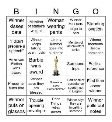 2024 Oscars Bingo Card