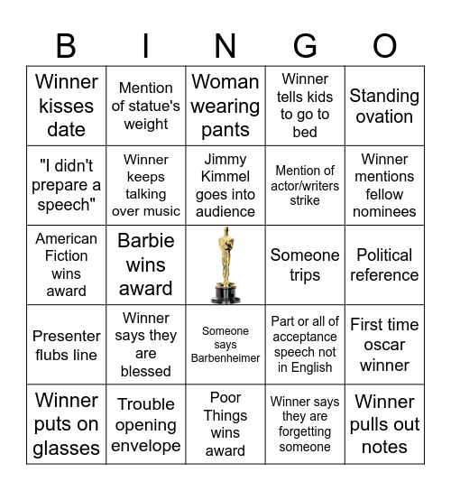 2024 Oscars Bingo Card