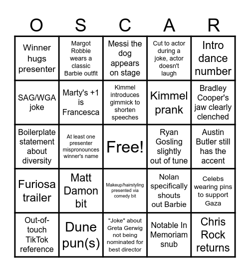 OSCAR 2024 Bingo Card