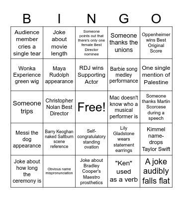 Oscars 2024 Bingo Card