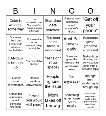 Grandma's birthday bingo Card