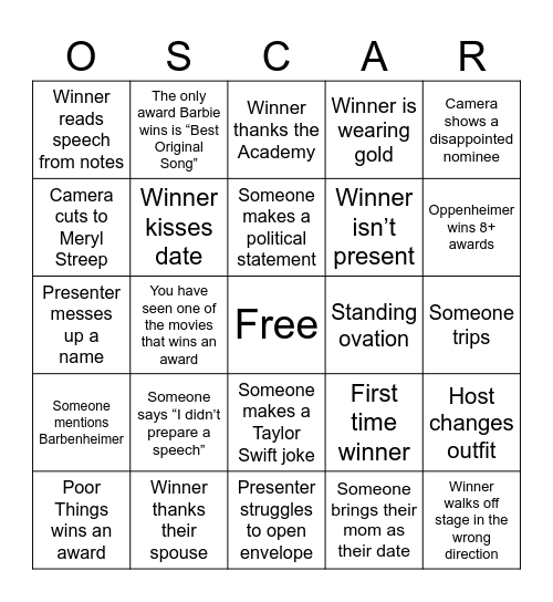 OSCARS Bingo Card