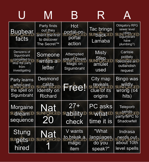 Sunforged Episode 21: Sigumbrahtwurst Bingo Card