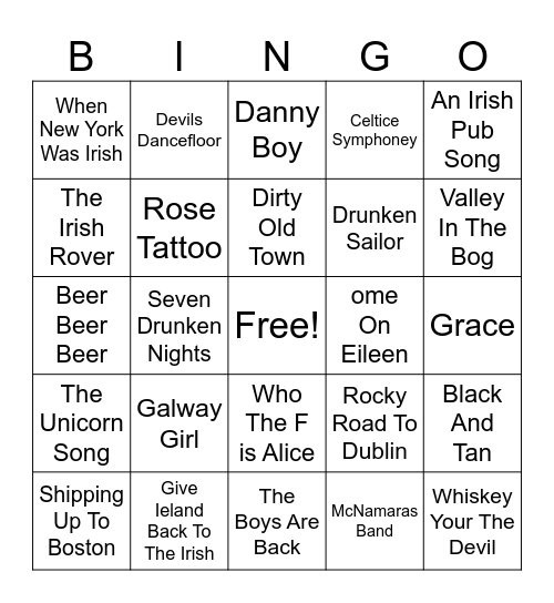 Irish 24 Bingo Card