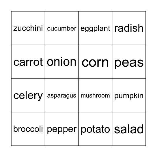 Vegetable Bingo Card