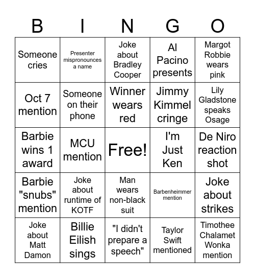 OSCARS Bingo Card