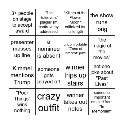Oscars 2024 Bingo Card
