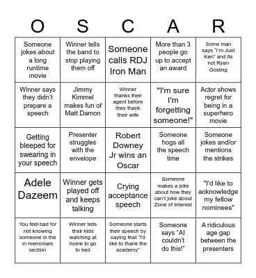 Oscars 2024 Bingo Card