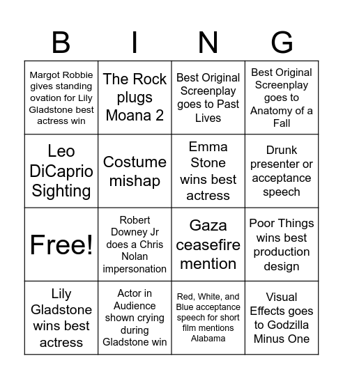OSCAR BINGO – AKA "Ben's Super Bowl" Bingo Card