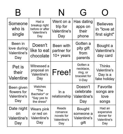 Valetine's Day Bingo Card