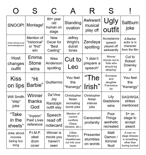 Academy Awards 2024! Bingo Card