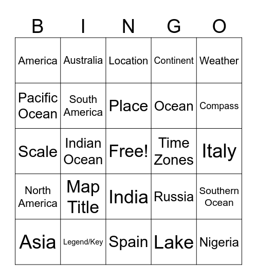 Geography Bingo Card