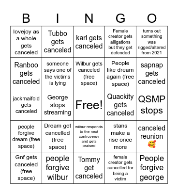 MCYT Bingo Card