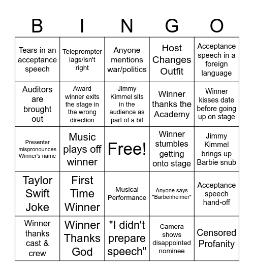 2024 Oscar Bingo Card