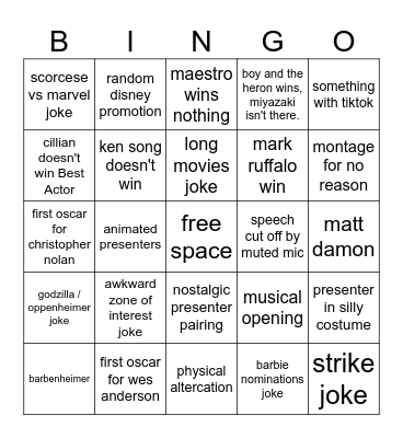 2024 Oscars Bingo Card Bingo Card