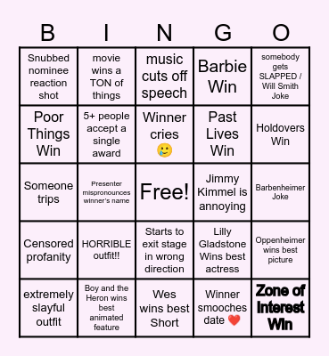 2024 Oscar Noms Bingo Card
