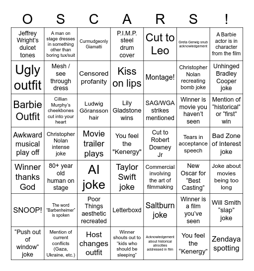 Academy Awards 2024! Bingo Card