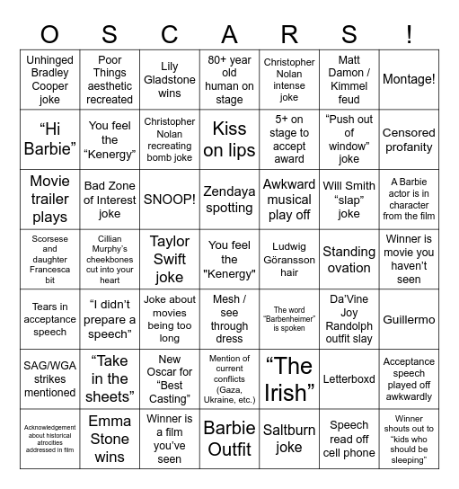 Academy Awards 2024! Bingo Card
