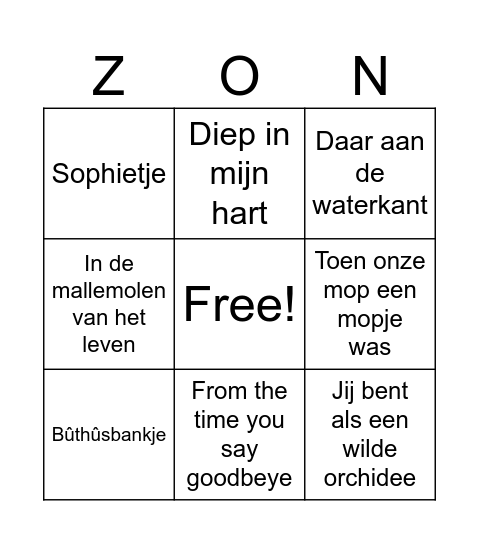 Muziekbingo 1 Bingo Card