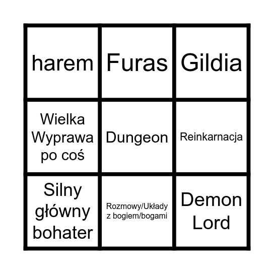 Isekai Bingo Card