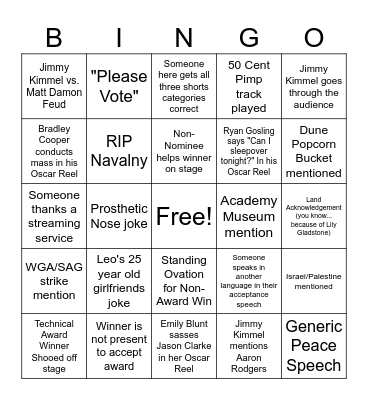 Oscars 2024 Bingo Card