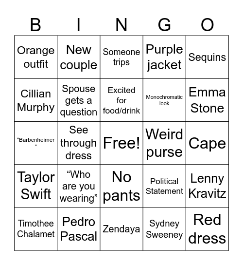 Oscar’s Red Carpet Bingo Card