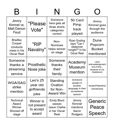 Oscars 2024 Bingo Card