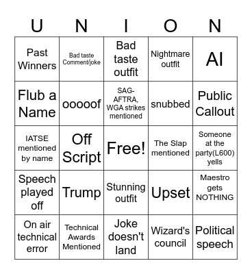 Union Oscar 2024 Bingo Card